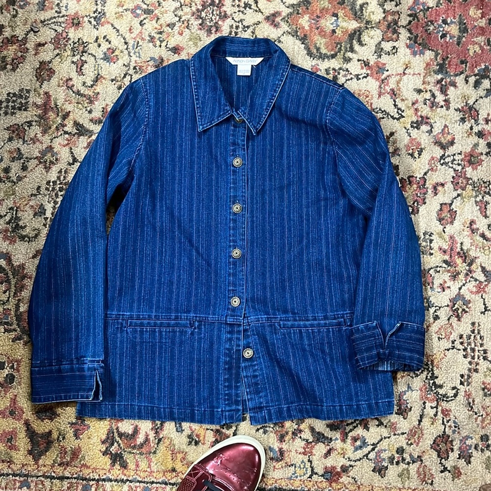 Allison Daley, Pin striped, vintage, denim jacket.
